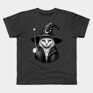 Mystical Feline Sorcerer - Enchanted Cat Wizard Art Kids T-Shirt